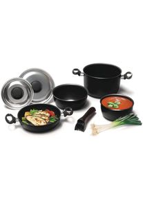 Camp4 Camping-Topfset Kochtopf Pfanne Edelstahdeckel 7-teilig Outdoor Wohnwagen schwarz grau