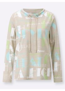 Dames Shirt met lange mouwen en zijsplitten in zand/mint bedrukt ,maat 40, WITT, 100% Katoen