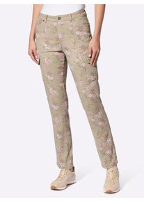 Heine Dames Broek met bloemenprint in sesam/oudroze bedrukt ,maat 42, Witt, 98% Katoen, 2% Elastan