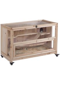 PawHut Wooden Hamster Cage, Mice Rodent Small Animals Kit Hutch, 3 Tiers Exercise Play House, with Wheels, Bottom Tray, 99 x 50 x 69 cm, Natural Wood | Aosom Ireland