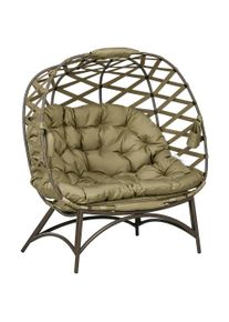 Outsunny 2 Seater Egg Chair Outdoor, Folding Weave Garden Furniture Chair with Cushion, Cup Pockets - Khaki