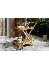 Ambia Garden Garten-Servierwagen , Akaziefarben , Holz , Akazie , vollmassiv,teilmassiv , rechteckig , Rollen, X-Form , 85x90x53 cm , Flaschenfach, abnehmbares Tablett, herausnehmbares Tablett , Gartenmöbel, Gartentische, Garten-Beistelltische