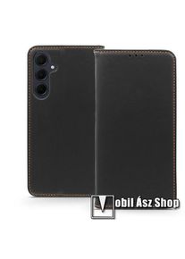 Notesz tok / flip tok - FEKETE - valódi bőr, asztali tartó funkciós, oldalra nyíló, rejtett mágneses záródás, bankkártyatartó zseb, szilikon belső - SAMSUNG Galaxy A35 5G (SM-A356)