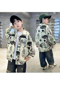 Child Stylish Spring Autumn Beige Denim Jacket Drawings for Teens Boy High Fashion Streetwear Outfit Kids Design Denim Coat 5-14