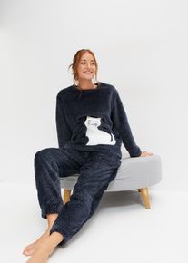 Huispak van fleece met een gebreid patroon en applicatie (2-dlg.) - blauw - maat 44/46 (L) - fleece - bonprix