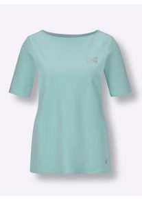 CREATION L PREMIUM Dames Shirt met ronde hals en glitterapplicatie in mint ,maat 38, Witt, 95% Katoen, 5% Elastan