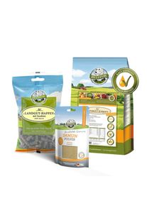 Spesialisoitu s&auml;&auml;st&ouml;sarja koirille joilla on Leishmaniaasiin Bellfor (suuri koirarotu): Naturfarm-Schmaus 4 kg + Landgut-Happen 200 g + Immun Pulver 80 g