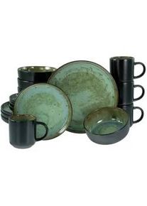 Creatable Kombiservice , Grün, Schwarz , Keramik , 16-teilig , 300 ml,450 ml , 31x38x38 cm , lebensmittelecht, stapelbar , Geschirr, Geschirrsets, Kombiservice