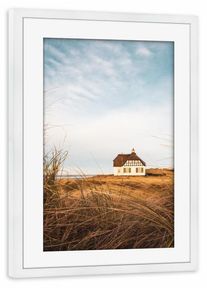 Poster with white wooden frame "Country House at North Sea" artboxONE Framed Poster