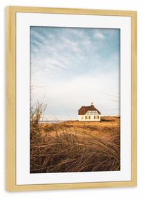 Poster with pine wooden frame "Country House at North Sea" artboxONE Framed Poster