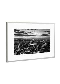 Poster with silver metal frame "Paris, France romantic skyline, panorama. Eiffel Tower, black and white" artboxONE Framed Poster
