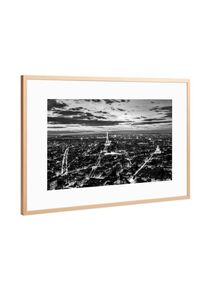 Poster with copper metal frame "Paris, France romantic skyline, panorama. Eiffel Tower, black and white" artboxONE Framed Poster