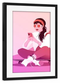 Poster with black wooden frame "Skaterin mit Smartphone im Sommer" artboxONE Framed Poster
