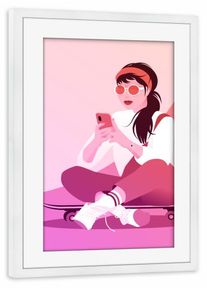 Poster with white wooden frame "Skaterin mit Smartphone im Sommer" artboxONE Framed Poster