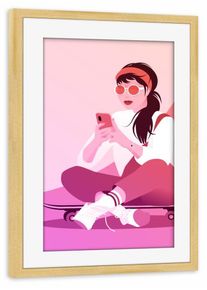 Poster with pine wooden frame "Skaterin mit Smartphone im Sommer" artboxONE Framed Poster