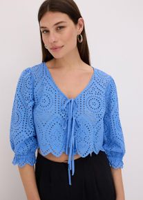 Bluse mit Lochstickerei und Puff&auml;rmeln, blau, Gr&ouml;&szlig;e 52, mit Baumwolle, bonprix