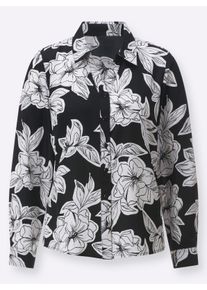 Dames Blouse met lange mouwen in bloemdessin in zwart/ecru geprint ,maat 52, WITT, 100% Polyester