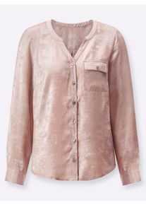 Dames Blouse met lange mouwen van glanzend materiaal in poudre/zilverkleurig bedrukt ,maat 36, WITT, 100% Polyester