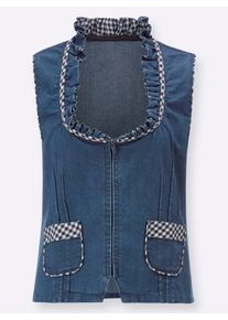 Damen Jeansweste mit Rüschen in blue-stone-washed ,Größe 44, WITT, 81% Baumwolle, 17% Polyester, 2% Elasthan. Besatz: 65% Baumwolle, 35% Polyester
