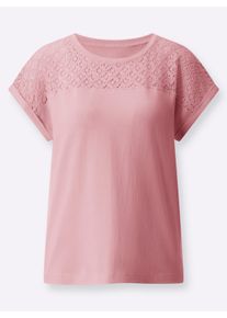 Dames Shirt met ronde hals en kantinzet in hortensia ,maat 40, WITT, 100% Katoen. Kant: 100% Polyester