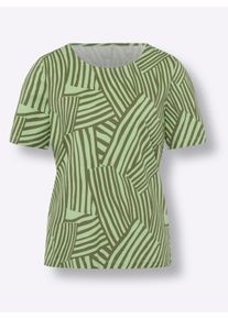 Dames Shirt met korte mouwen en golfpatroon in olijf/resedagroen bedrukt ,maat 38, WITT, 100% Katoen