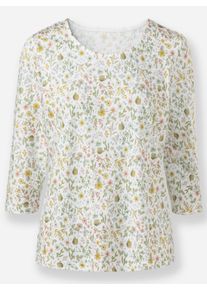 Damen 3/4-Arm-Shirt mit Wiesenblumen-Dessin in ecru-oliv-bedruckt ,Gr&ouml;&szlig;e 36, WITT, 50% Baumwolle, 50% Modal
