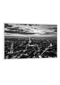 Poster with white frame "Paris, France romantic skyline, panorama. Eiffel Tower, black and white" artboxONE Framed Poster