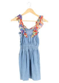 FLOWER Sommerkleid Damen Blau Blumenmuster Rüschen Denim Chiffon Gr. XS