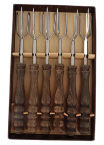 American Retro Fondue Gabeln Set 6tlg Braun Holzgriff Edelstahl Vintage