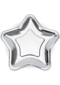 partydeco 6 Sterne Papp Teller Silber Metallic 23cm