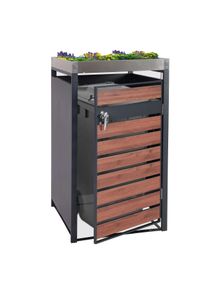 1er Mülltonnenverkleidung mit Pflanzkasten HWC-J81, erweiterbar, 125x68x80cm Metall 31kg, anthrazit ~ Kirsche-Holzoptik