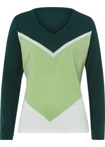 Dames Pullover met lange mouwen en patroon van brede strepen petrol/ecru gedessineerd Maat 38