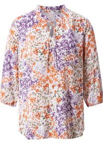 Damen Schlupf-Bluse mit Rüschen ecru-lila-bedruckt Größe 40