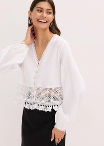 Bluse mit Crochet-Einsatz und Fransen - weiß - Größe 44 - Viskose- bonprix