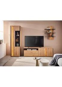 Stylife Wohnwand , Grau, Eichefarben , Glas, Holzwerkstoff , Glas: 2/Holz: 3 Fächer , 2 Schubladen , E , 252x200x41 cm , Beimöbel erhältlich, Beleuchtung , Wohnzimmer, Wohnwände, Komplette Wohnwände