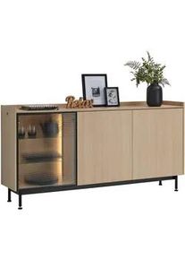 Lomoco Sideboard , Eichefarben , Glas, Holzwerkstoff , 5 Fächer , F , 180x89x40 cm , Beimöbel erhältlich, stehend, Beleuchtung , Wohnzimmer, Wohnwände, Wohnwand-Serien