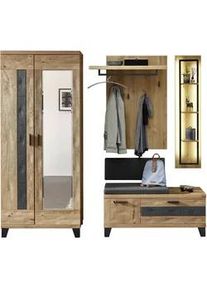 Linea Natura Garderobe , Grau, Eichefarben , Holz, Textil, Holzwerkstoff , 6-teilig , Wildeiche , massiv , 128x203x38 cm , Garderobe, Garderoben-sets & Serien, Garderoben-sets