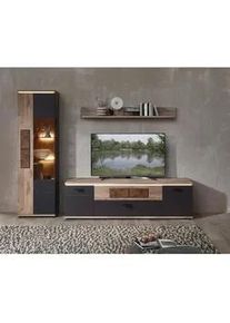 Stylife Wohnwand , Graphitfarben, Eichefarben , Metall , 7 Fächer , 1 Schubladen , E , 275x202x47 cm , Beimöbel erhältlich , Wohnzimmer, Wohnwände, Komplette Wohnwände