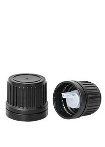 Dropper cap 1mm sort (DIN18, UT18) med tamper-evident ring. Lodret dråbetælle...