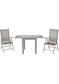 Gardenson Gartenset , Braun, Silberfarben , Metall, Kunststoff , 3-teilig , Uni , Tisch ausziehbar, Stuhl klappbar, Tisch mit Glasplatte, Rückenlehne mehrfach verstellbar , Gartenmöbel, Gartengarnituren