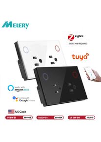 Melery Zigbee Tuya Smart US Electrical Plug 16A Wall Socket Tempered Glass Panel Outlet Timing smart Life App Google Home Alexa