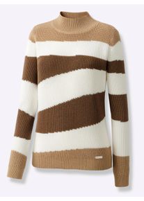 Damen Stehkragenpullover mit Intarsienstrick-Muster in braun-ecru-gemustert ,Größe 48, WITT, 50% Baumwolle, 50% Polyacryl
