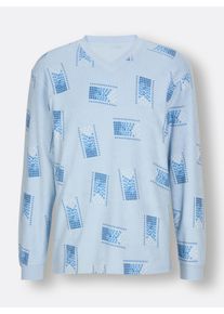 Heren Pyjama van fijnfrotté in lichtblauw geprint ,maat 44/46, Witt, 80% Katoen, 20% Polyester