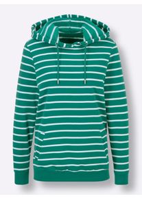 Dames Sweatshirt, van binnen warm opgeruwd in smaragdgroen/wit gestreept ,maat 36/38, Witt, 50% Katoen, 50% Polyester