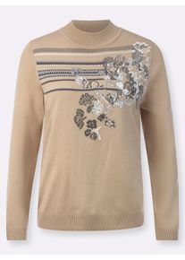 Dames Pullover met opstaande kraag, met gebloemd intarsiapatroon in beige ,maat 38, WITT, 100% Polyacryl