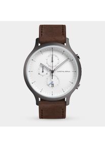 Orologio Cronografo da Uomo - Argento Scuro Bianco - Cassa in Acciaio Chirurgico, Vetro Zaffiro, Cinturino in Pelle - Display della Data - 42mm ,