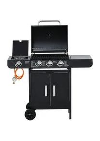 Outsunny Gasgrill mit 3 Brennern 1 Seitenbrenner Stahl Schwarz 110 x 50 x 100 cm , Metall , 50x100x110 cm , Grills & Outdoor-Küchen, Gasgrills