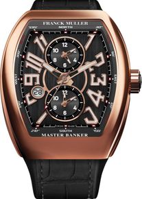 Franck Muller Vanguard Master Banker 3 time zones 53.7 x 44mm - V-45-MB-SC-DT-(NR)-5N-ALLBK - Men's watch with black dial and alligator leather