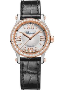Chopard Happy Sport Mini Automatic 30mm - 278573-6015 - Ladies watch with diamonds, silver dial and alligator leather strap
