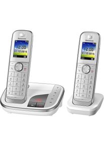 Panasonic KX-TGJ322GW DECT-Schnurlostelefon-Set 2 Mobilteile Anrufbeantworter Freisprechfunktion analog 1,8" Farbdisplay wei&szlig;